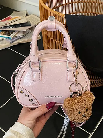 Women High Quality Fashion PU Bowling Bag Rivet Exquisite Niche Handbag With Bear Pendant Versatile Crossbody Shoulder Bag