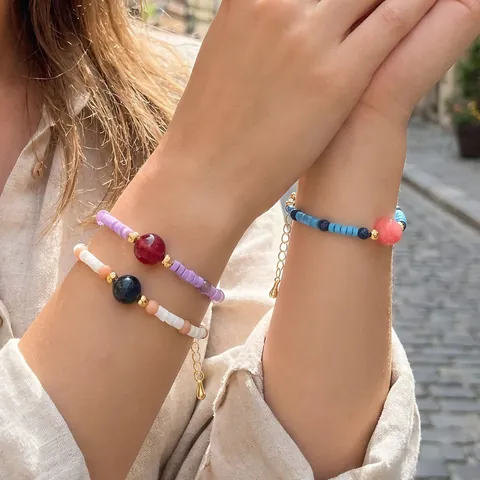 Handmade Bohemian Beaded Bracelet Colorful Semi Precious Stone Heishi Beads Gold Plated Copper Adjustable Bracelet For Women