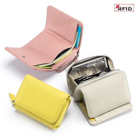 Womens Tri-Fold Mini Wallet Genuine Leather Top Layer Cowhide RFID Blocking Small Short Card Holder Zipper Coin Pocket