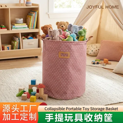 Large Foldable Linen Cotton Polka Dot Laundry Basket Round Fabric Storage Bin Waterproof Clothing Organizer Bag For Home Bathroom Toy Storage