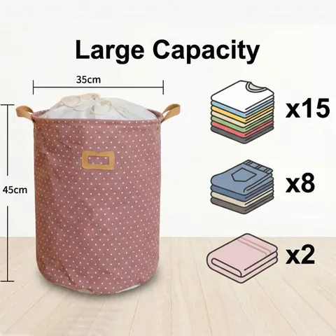 Large Foldable Linen Cotton Polka Dot Laundry Basket Round Fabric Storage Bin Waterproof Clothing Organizer Bag For Home Bathroom Toy Storage