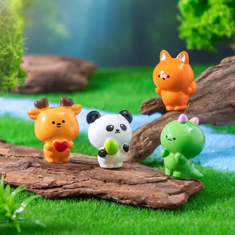 Cute Mini Resin Animal Figurines For Micro Landscape DIY Gardening Decoration Cartoon Panda Deer Dinosaur Fox Ornament Gift