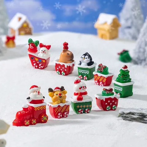 Juego de Adornos en Miniatura de Navidad de Resina Para Decoración de Escenas de Nieve de Micro Paisaje DIY Figuritas de Papá Noel Pingüino Tren