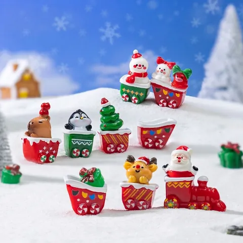 Juego de Adornos en Miniatura de Navidad de Resina Para Decoración de Escenas de Nieve de Micro Paisaje DIY Figuritas de Papá Noel Pingüino Tren