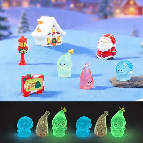 Christmas Miniature Micro Landscape Glow In The Dark Resin Figurines Santa Claus Snow House Street Lamp Street Sign For DIY Snow Scene Garden Decoration