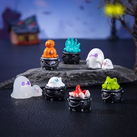 Mini Halloween Resin Witch Cauldron Ornaments Micro Landscape DIY Decor Ghost Pumpkin Zombie Hand Figurine Accessories