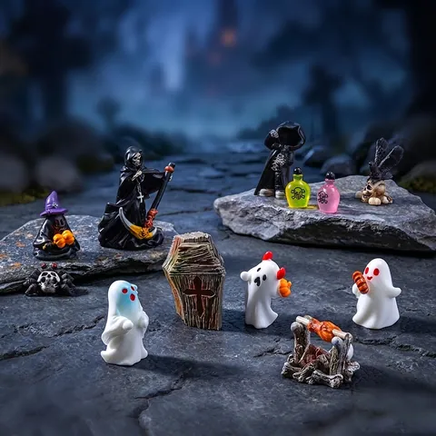 Halloween Creative Mini Resin Figurines Grim Reaper Ghost Skull Pumpkin Coffin DIY Micro Landscape Decoration Ornaments