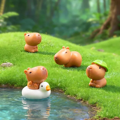 Cute Capybara Micro Landscape Resin Figurines With Lotus Leaf Hat Duck Swimming Ring Miniature Animal Garden Decor Ornaments