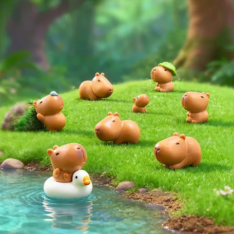 Cute Capybara Micro Landscape Resin Figurines With Lotus Leaf Hat Duck Swimming Ring Miniature Animal Garden Decor Ornaments