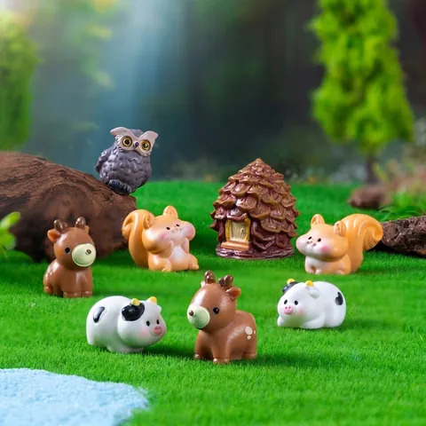 Miniature Resin Forest Animal Figurines Micro Landscape Owl Squirrel Deer Hamster Cow Pinecone House DIY Fairy Garden Decor