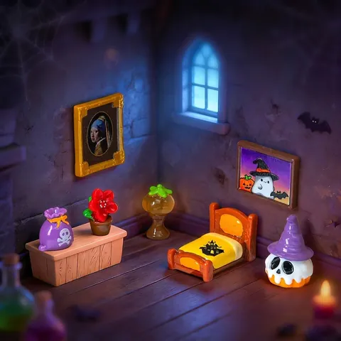 Σετ Έπιπλα Κρεβατοκάμαρας Μινιατούρα Halloween Για Dollhouse DIY Διακοσμητικά από Ρητίνη Κολοκύθα Νεκροκεφαλή Δημιουργικά Αξεσουάρ Γραφείου