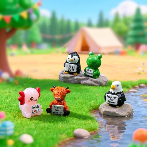 Resin Mini Animal Figurines Holding Signs Axolotl Frog Penguin Cow Eagle DIY Micro Landscape Decoration Desktop Ornament