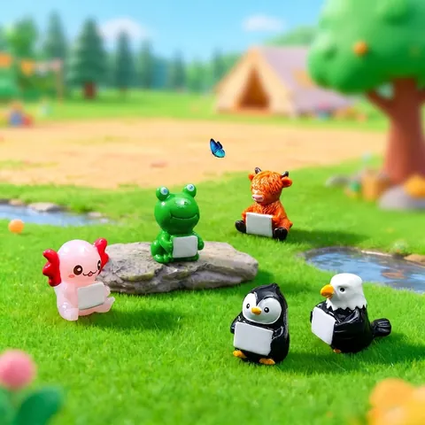 Resin Mini Animal Figurines Holding Signs Axolotl Frog Penguin Cow Eagle DIY Micro Landscape Decoration Desktop Ornament