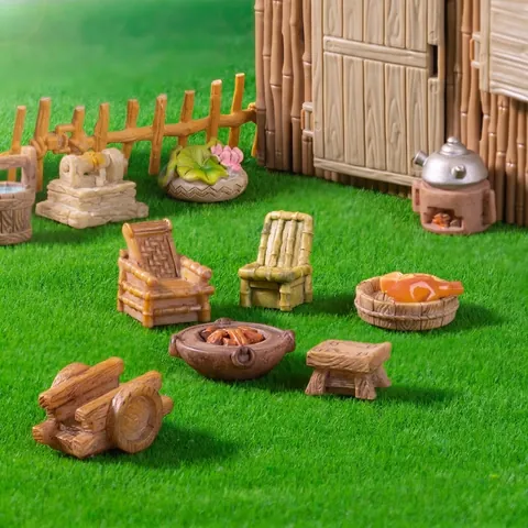 Miniature Vintage Chinese Micro Landscape Resin Ornaments For Fairy House DIY Accessories Retro Furniture Well Bucket Stool Decoration