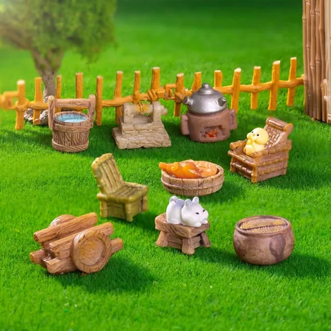 Miniature Vintage Chinese Micro Landscape Resin Ornaments For Fairy House DIY Accessories Retro Furniture Well Bucket Stool Decoration
