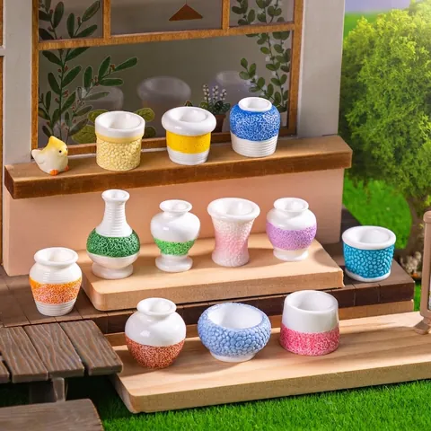 Miniatur Harz Vase Set Bunte Strukturierte Topf Miniatur Landschaft Puppenhaus DIY Dekoration Zubehör Kleine Schreibtisch Ornamente
