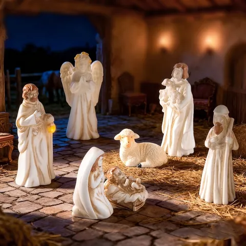 Nativity Scene Resin Figurines Christmas Micro Landscape Decoration Mary Joseph Baby Jesus Angel Sheep Desktop Ornaments