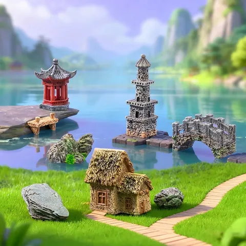 Miniature Chinese Style Simulation Stone Tower Pavilion Resin Crafts Garden Bonsai Landscape DIY Decoration Accessories