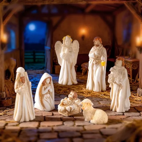 Nativity Scene Resin Figurines Christmas Micro Landscape Decoration Mary Joseph Baby Jesus Angel Sheep Desktop Ornaments