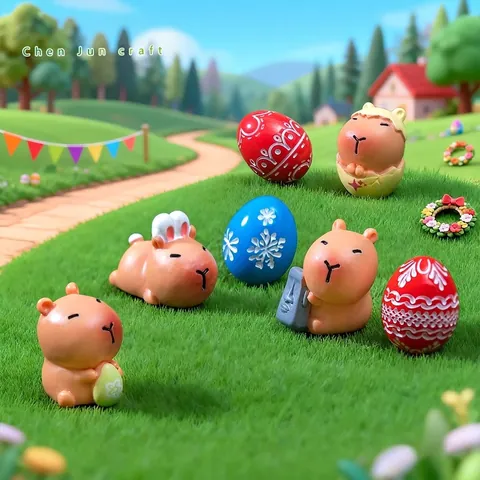 Easter Capybara Mini Resin Figurines Cartoon Water Pig Ornament For Fairy Garden Micro Landscape Tabletop Decor Easter Egg Decoration Gift