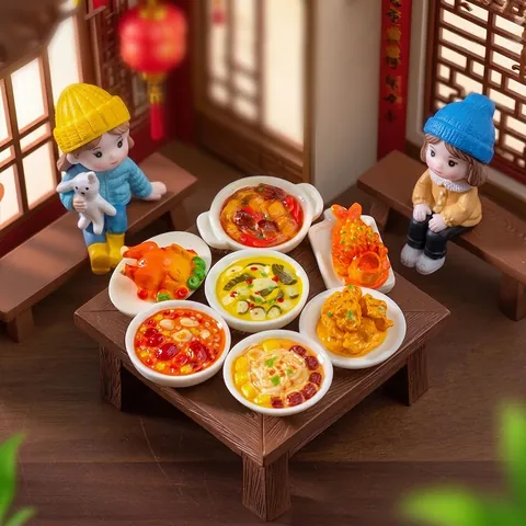 Miniature Chinese Lunar New Year Dinner Food Ornaments Realistic Simulation Dishes Resin Micro Landscape Decoration Dollhouse Accessories