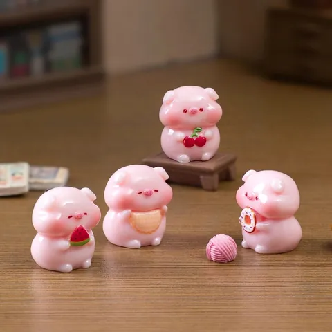 Miniature Pig Figurine Resin Cartoon Pink Piggy Donut Watermelon Cherry Ornament For Dollhouse DIY Desktop Decoration