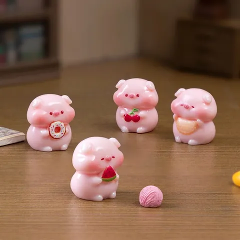 Miniature Pig Figurine Resin Cartoon Pink Piggy Donut Watermelon Cherry Ornament For Dollhouse DIY Desktop Decoration