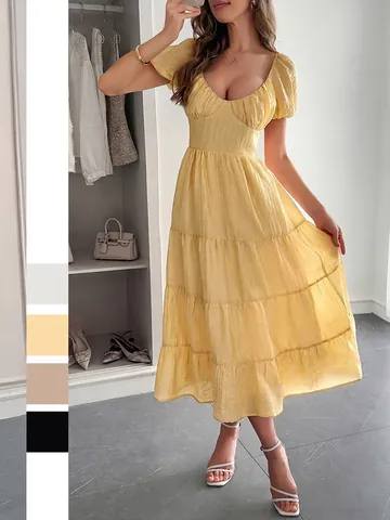 Robe Longue Élégante pour Femmes Style Vacances Couleur Unie Manches Bouffantes Col en V Jupe à Étages Dos Nu Lacets Été Polyester