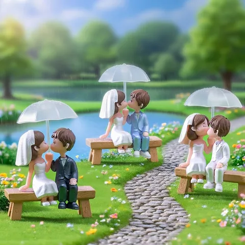 Romantic Wedding Couple Miniature Figurines Resin Kissing Bride Groom With Umbrella Micro Landscape DIY Cake Topper Home Decor