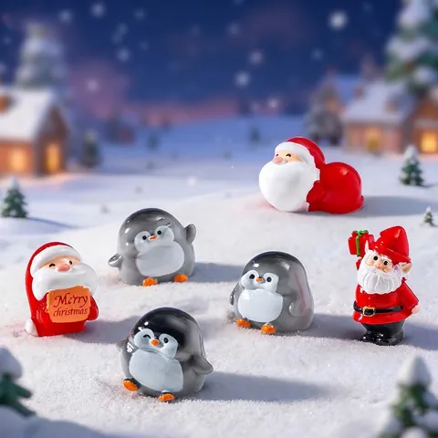 Miniature Christmas Resin Penguin Santa Claus Figurine For DIY Micro Landscape Snow Scene Decoration Desktop Ornaments