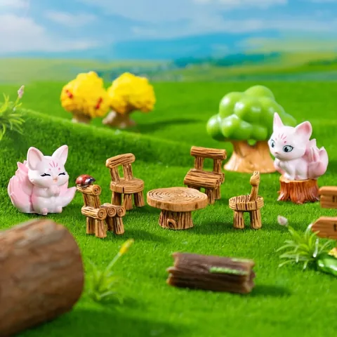 Miniature Pink Fox Fairy Landscape Ornament Retro Wood Grain Table Chair Resin Figurines For DIY Fairy Garden Home Decor