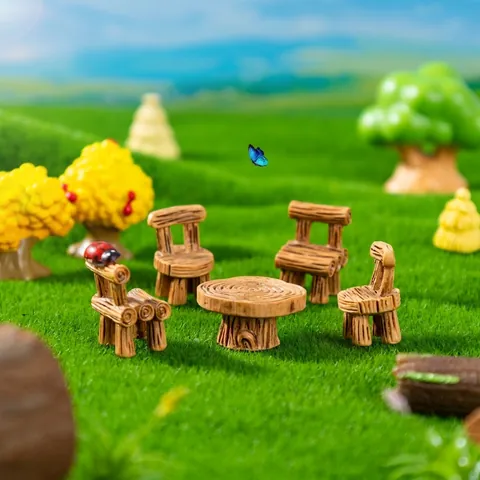 Miniature Pink Fox Fairy Landscape Ornament Retro Wood Grain Table Chair Resin Figurines For DIY Fairy Garden Home Decor