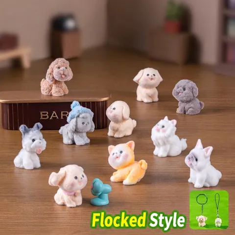 Flocked Mini Dog Figurine Resin Cute Puppy Ornaments For DIY Keychain Bag Accessories Teddy Shiba Inu Bichon Ornaments Home Decor