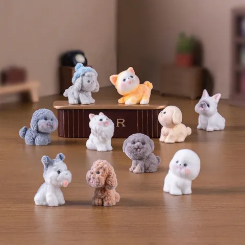 Flocked Mini Dog Figurine Resin Cute Puppy Ornaments For DIY Keychain Bag Accessories Teddy Shiba Inu Bichon Ornaments Home Decor