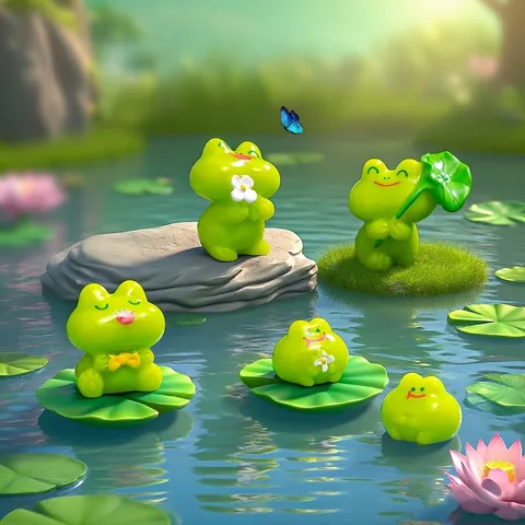 Miniature Resin Frog Figurine Micro Landscape Decoration Cute Cartoon Frog With Lotus Leaf Flower DIY Garden Accessory Office Desk Ornament