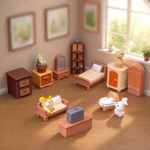 Miniature Rattan Furniture Set For Dollhouse DIY Micro Landscape Resin Retro Tiny Wardrobe Bed Sofa Desktop Ornament Accessories