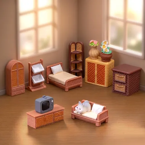 Miniature Rattan Furniture Set For Dollhouse DIY Micro Landscape Resin Retro Tiny Wardrobe Bed Sofa Desktop Ornament Accessories