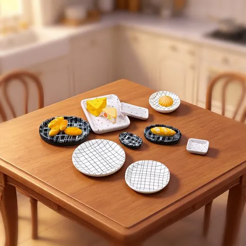 Miniature Dollhouse Plate Checkered Terrazzo Pattern Resin Mini Tray For DIY Micro Landscape Decoration Tiny Kitchen Accessories