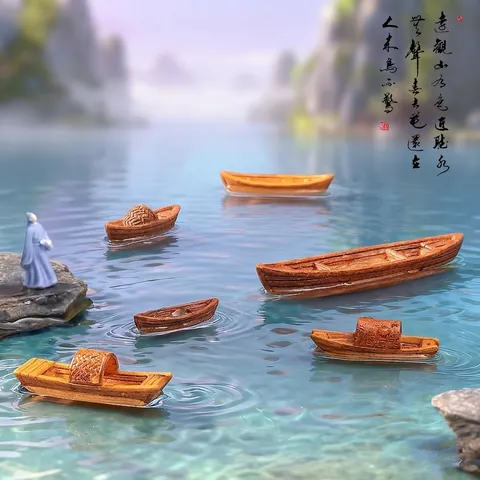 Miniature Resin Chinese Awning Boat Bamboo Raft Figurine For Aquarium Landscaping DIY Terrarium Zen Garden Ornaments