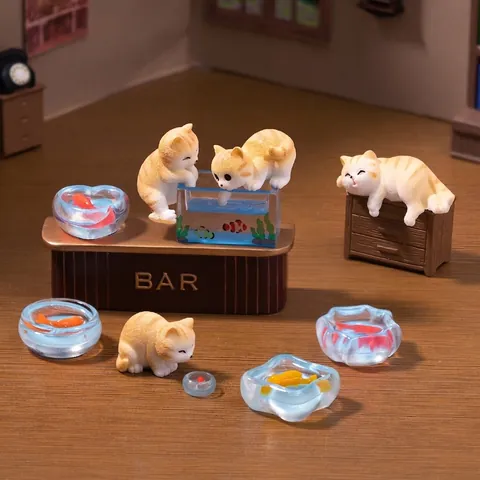 Cute Miniature Cat Fishing Figurine Resin Animal Statues Dollhouse DIY Decorative Landscape Accessories Mini Desktop Ornament