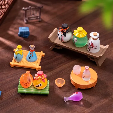 Miniature Ancient Style Peach Blossom Wine Tray Set Resin Dollhouse DIY Fairy Garden Decoration Desktop Ornament