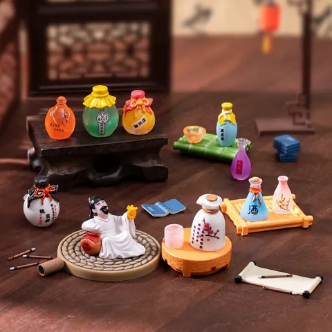 Miniature Ancient Style Peach Blossom Wine Tray Set Resin Dollhouse DIY Fairy Garden Decoration Desktop Ornament