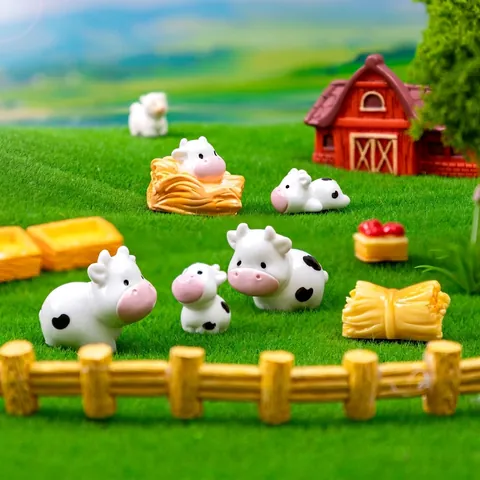 Miniature Farm Animal Cow Figurines Resin Micro Landscape Decorations Cute Cartoon Cow Statues DIY Garden Accessories Desktop Ornaments