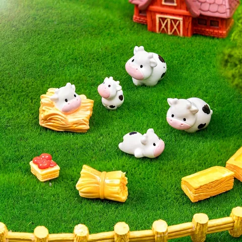 Miniature Farm Animal Cow Figurines Resin Micro Landscape Decorations Cute Cartoon Cow Statues DIY Garden Accessories Desktop Ornaments