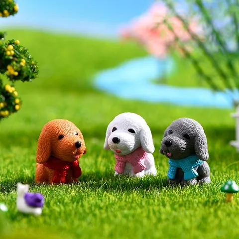 Mini Realistic Dog Figurine with Scarf PVC Resin Craft Small Animal Statue for Micro Landscape Fairy Garden Home Decor