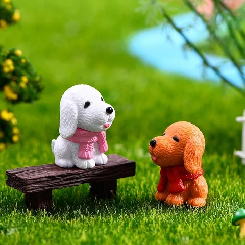 Mini Realistic Dog Figurine with Scarf PVC Resin Craft Small Animal Statue for Micro Landscape Fairy Garden Home Decor