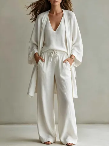 Women's 3-Piece Casual Set Includes Long Cardigan Sleeveless Vest And Wide Leg Pants Solid Color Comfort Fashion Apparel