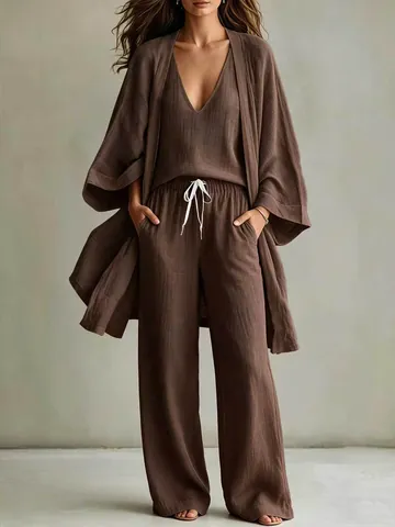 Women's 3-Piece Casual Set Includes Long Cardigan Sleeveless Vest And Wide Leg Pants Solid Color Comfort Fashion Apparel