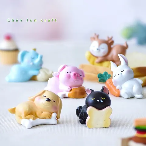 Cute Sleepy Animals Micro Landscape Ornaments Resin Miniature Cartoon Pig Rabbit Dog Cat Deer Figurine For DIY Bonsai Decor