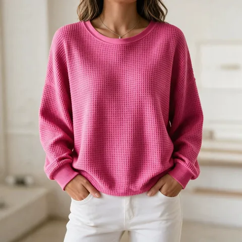 Women's Casual Waffle Knit Sweatshirt Round Neck Solid Color Cropped Long Sleeve Patchwork Pullover Top For Daily Fashion
